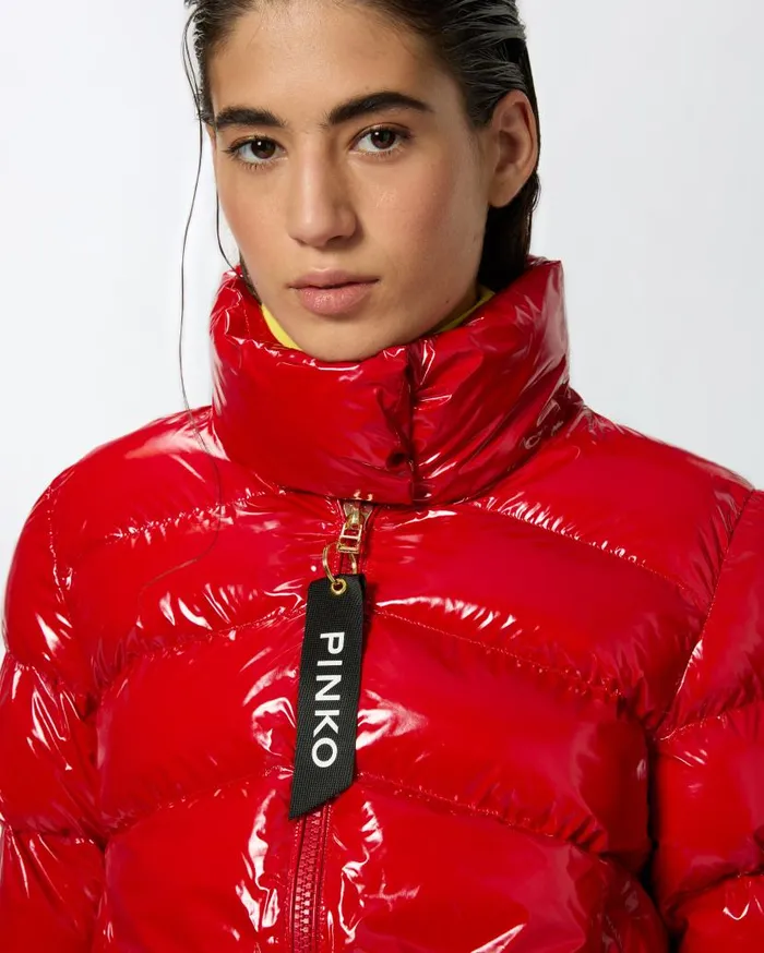 Pinko Padded Crystal Nylon Pea Jacket Salsa Red Women Outerwear