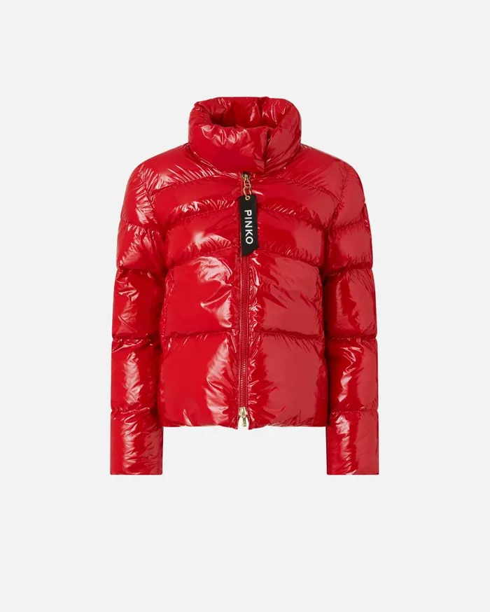 Pinko Padded Crystal Nylon Pea Jacket Salsa Red Women Outerwear