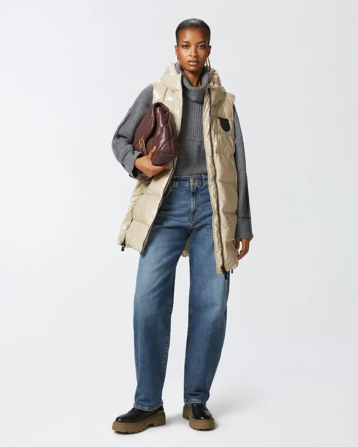 Pinko Padded Puffer Gilet With Hood Beige Women Outerwear
