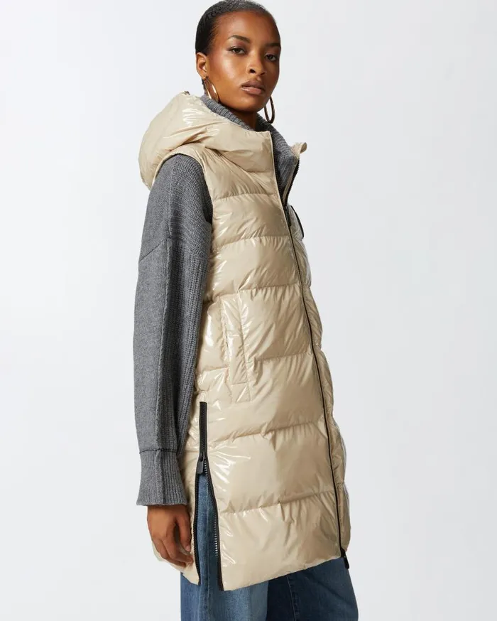 Pinko Padded Puffer Gilet With Hood Beige Women Outerwear