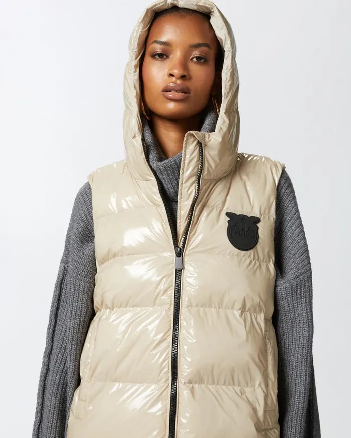 Pinko Padded Puffer Gilet With Hood Beige Women Outerwear