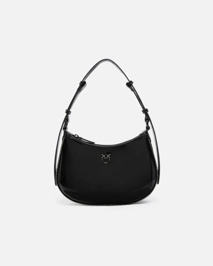 Pinko Patent Half Moon Handbag With Rhinestones Limo Black Block Colour Women Shoulder Bags Pinko Patent Half Moon Handbag With Rhinestones Limo Black Block Colour Women Shoulder Bags