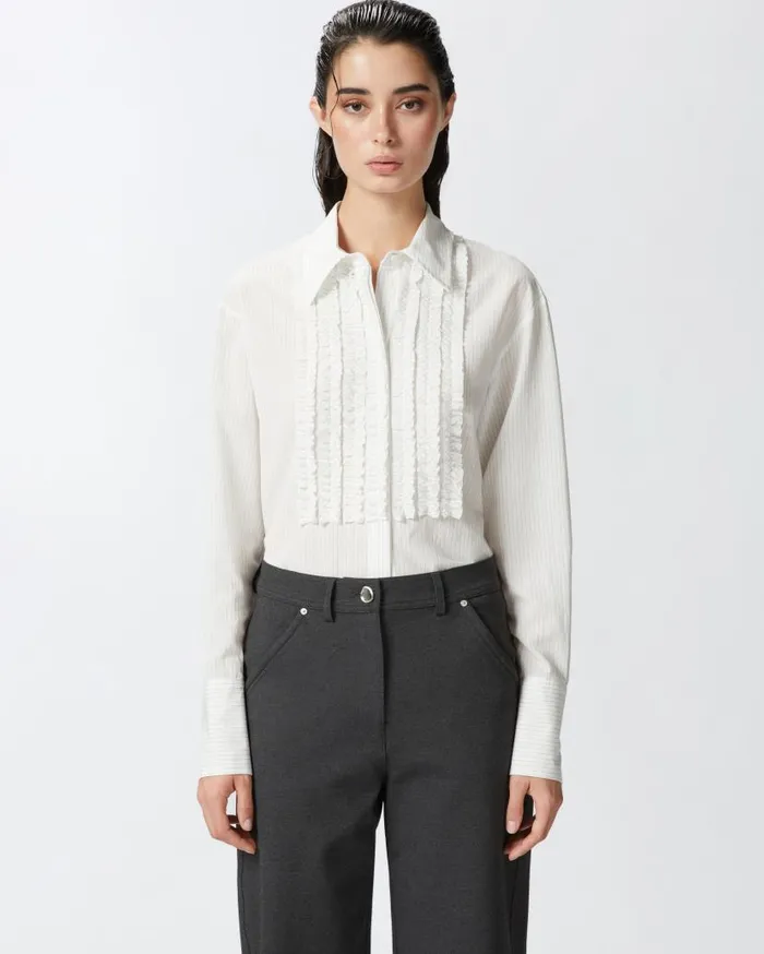 Pinko Pinstriped Shirt With Front Ruffles Whiteblack Women Shirts And Blouses