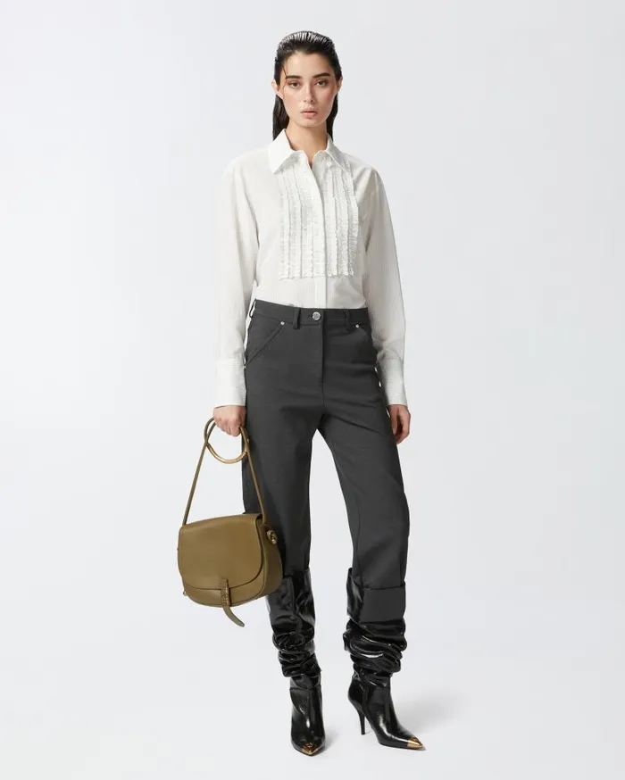 Pinko Pinstriped Shirt With Front Ruffles Whiteblack Women Shirts And Blouses