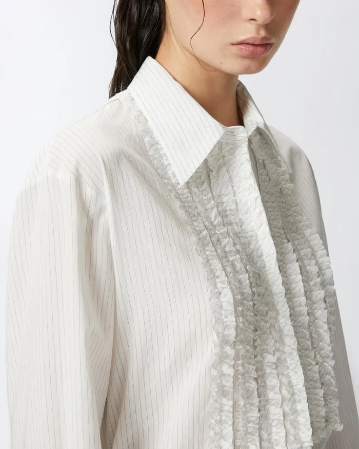 Pinko Pinstriped Shirt With Front Ruffles Whiteblack Women Shirts And Blouses