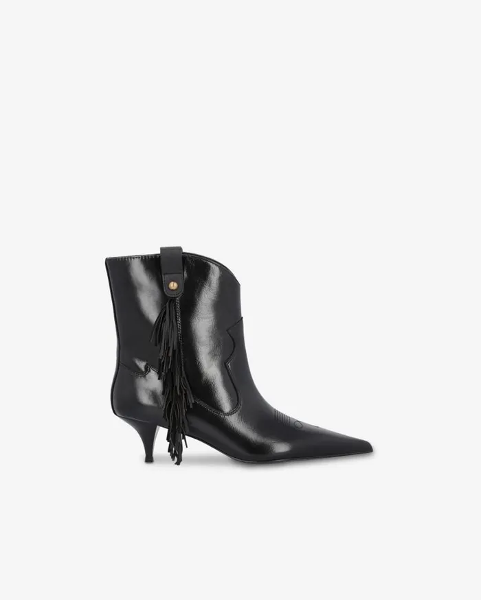 Pinko Pointedtoe Nappa Leather Ankle Boots With Fringe Limo Black Women Boots