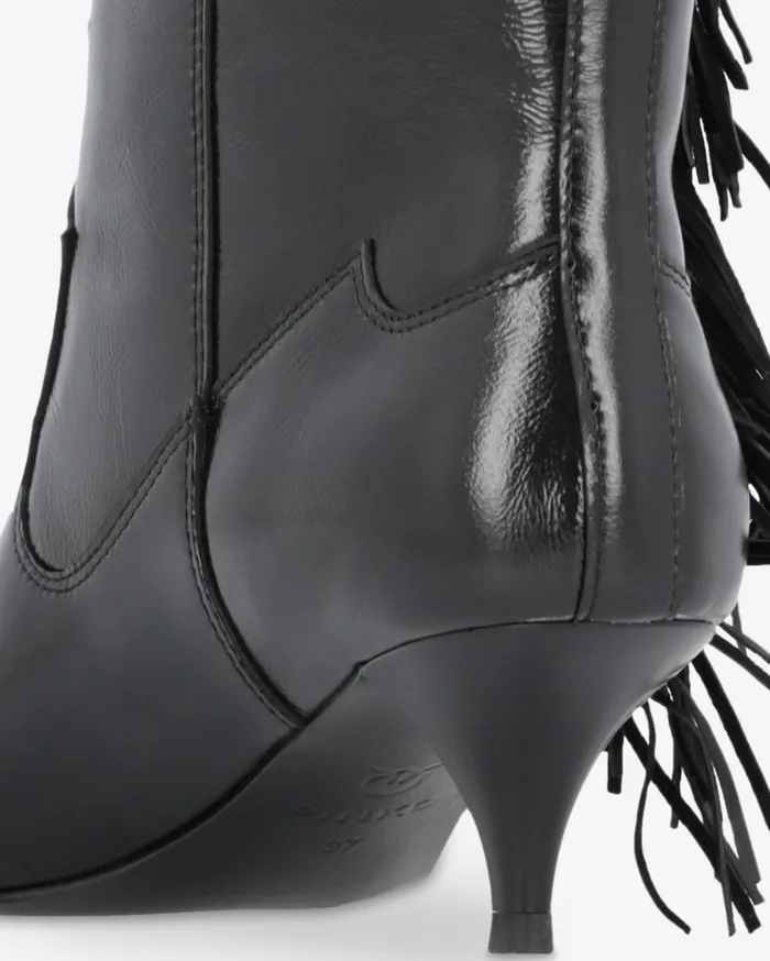 Pinko Pointedtoe Nappa Leather Ankle Boots With Fringe Limo Black Women Boots