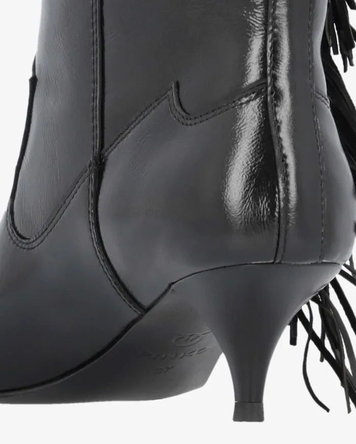 Pinko Pointedtoe Nappa Leather Ankle Boots With Fringe Limo Black Women Boots