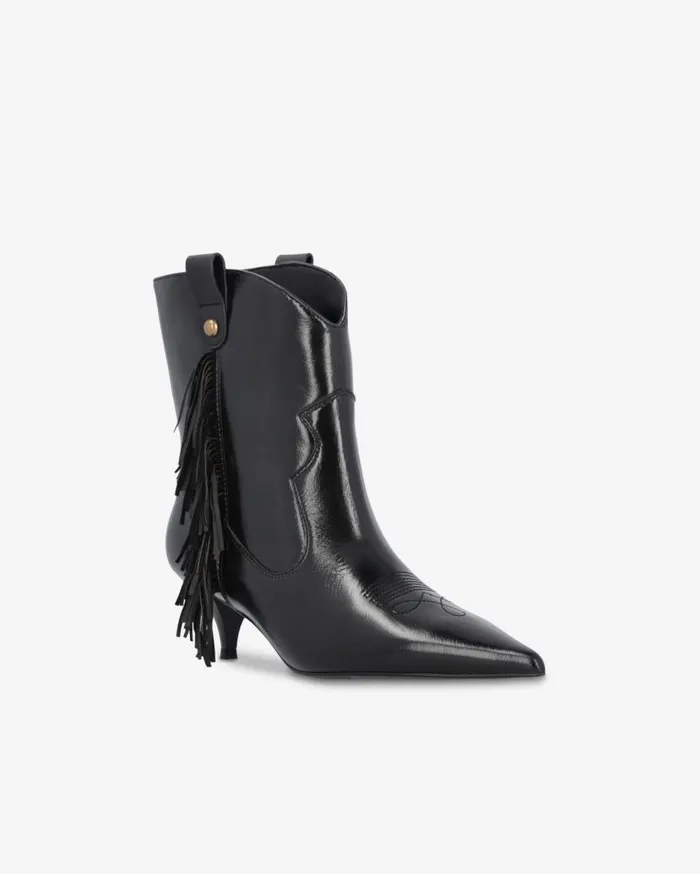 Pinko Pointedtoe Nappa Leather Ankle Boots With Fringe Limo Black Women Boots