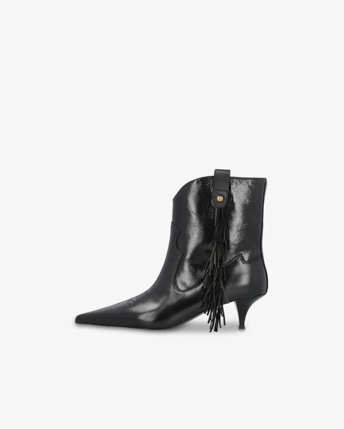 Pinko Pointedtoe Nappa Leather Ankle Boots With Fringe Limo Black Women Boots