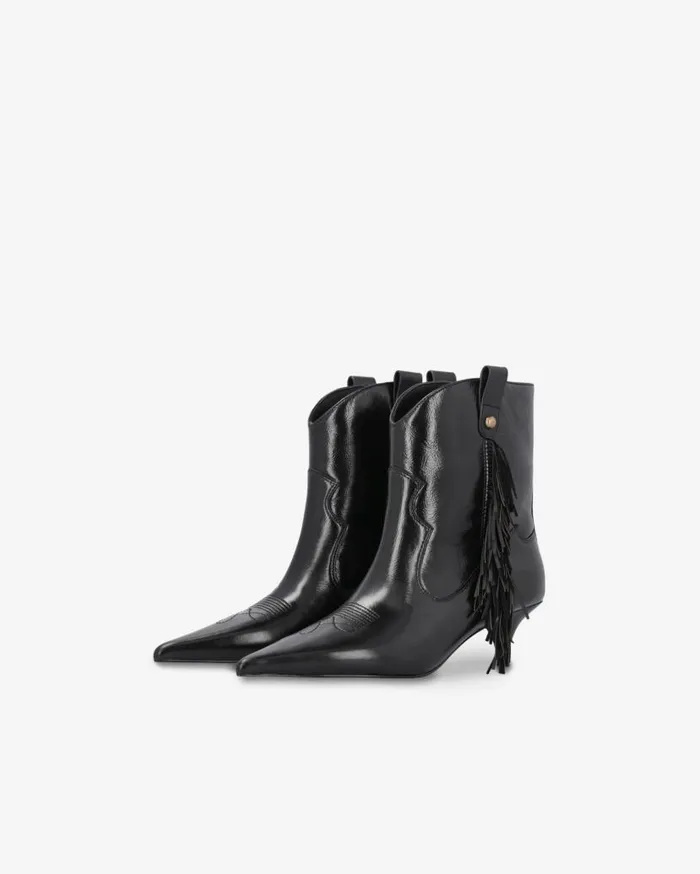 Pinko Pointedtoe Nappa Leather Ankle Boots With Fringe Limo Black Women Boots