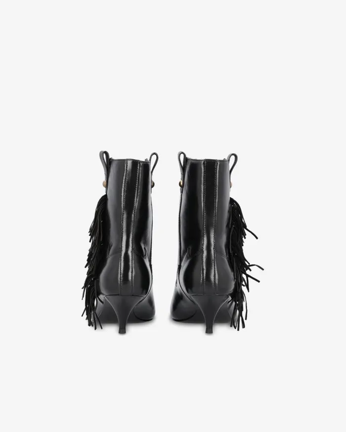 Pinko Pointedtoe Nappa Leather Ankle Boots With Fringe Limo Black Women Boots