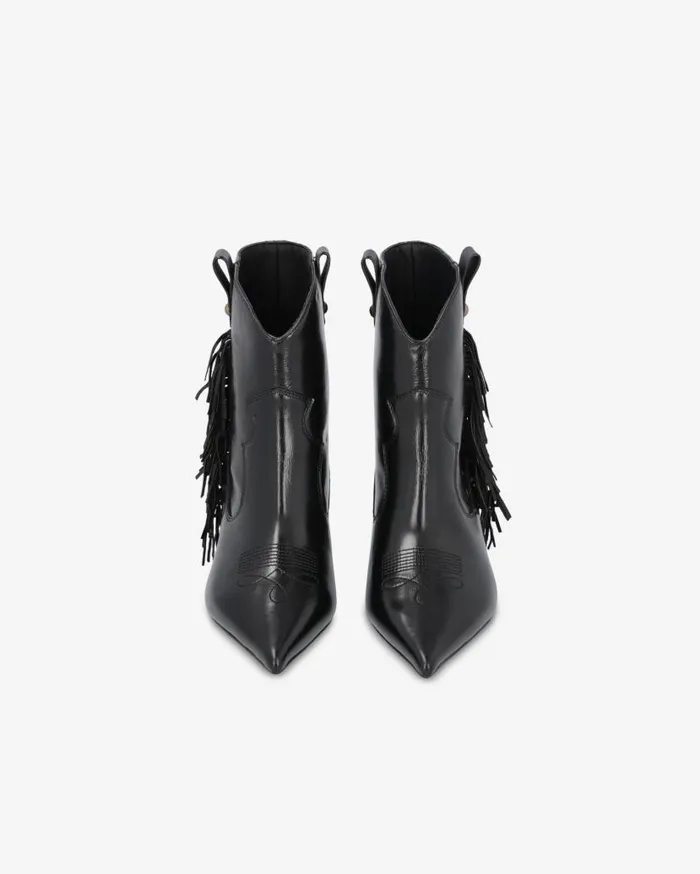 Pinko Pointedtoe Nappa Leather Ankle Boots With Fringe Limo Black Women Boots