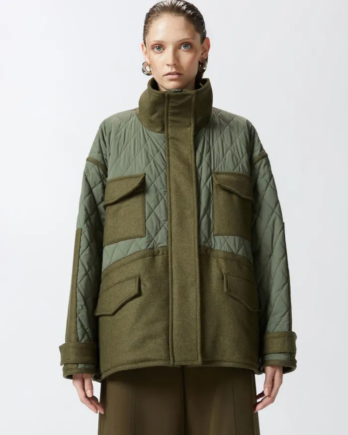 Pinko Quilted Parka With Felt Details Olive Night Green Women Outerwear