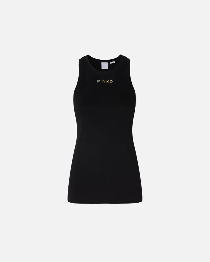 Pinko Ribbed Camisole Top With Logo Limo Black Women Topwear