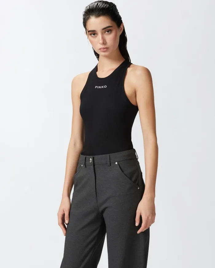 Pinko Ribbed Camisole Top With Logo Limo Black Women Topwear