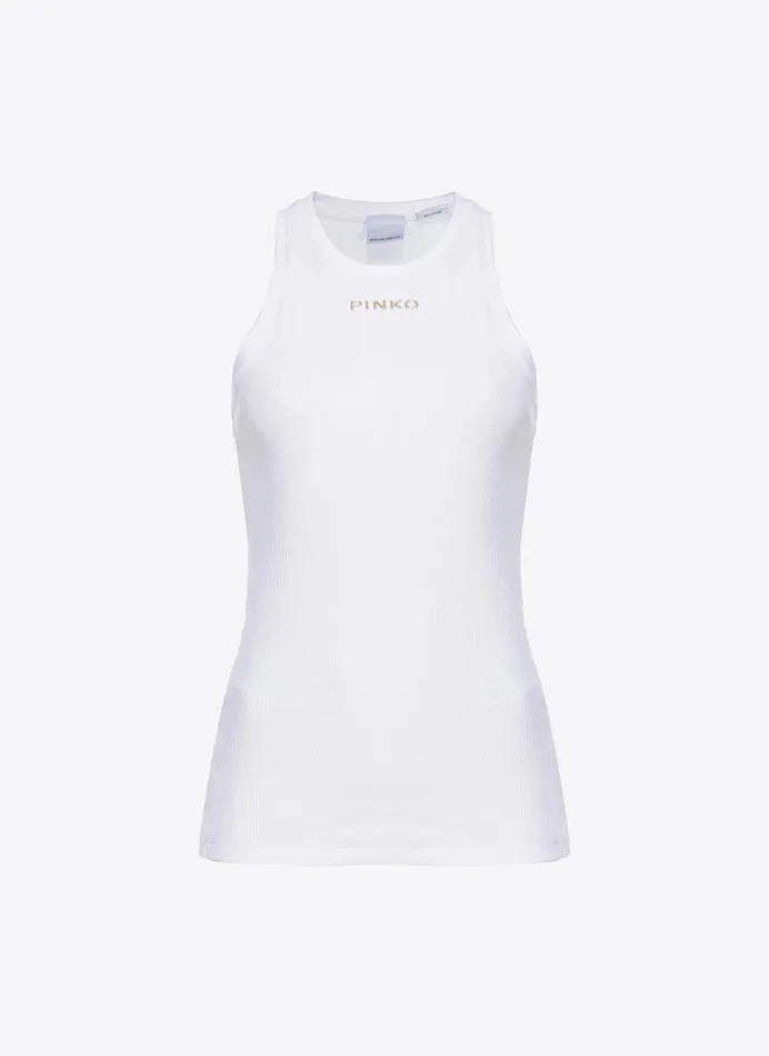 Pinko Ribbed Top With Logo Bright White Women Topwear