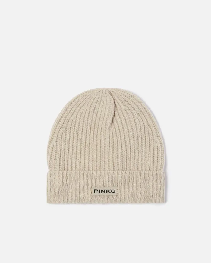 Pinko Ribbed Wool Hat With Logo Beige 8211 Mole Grey Women Hats