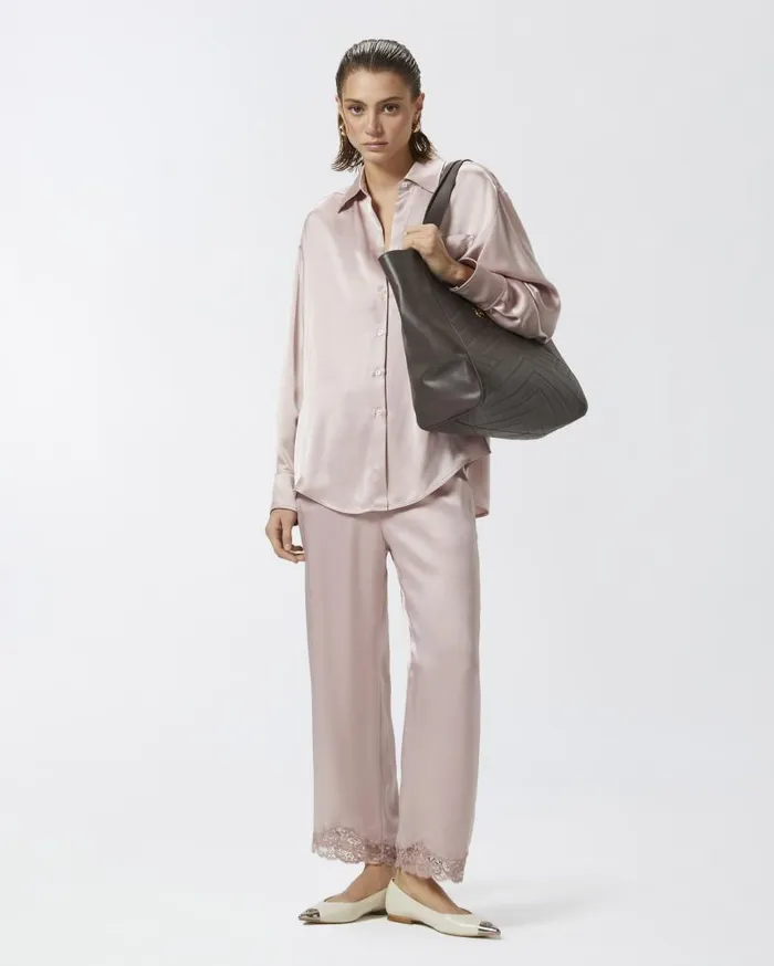 Pinko Satin Palazzo Trousers With Lace At The Bottom Zephyr Pink Women Trousers