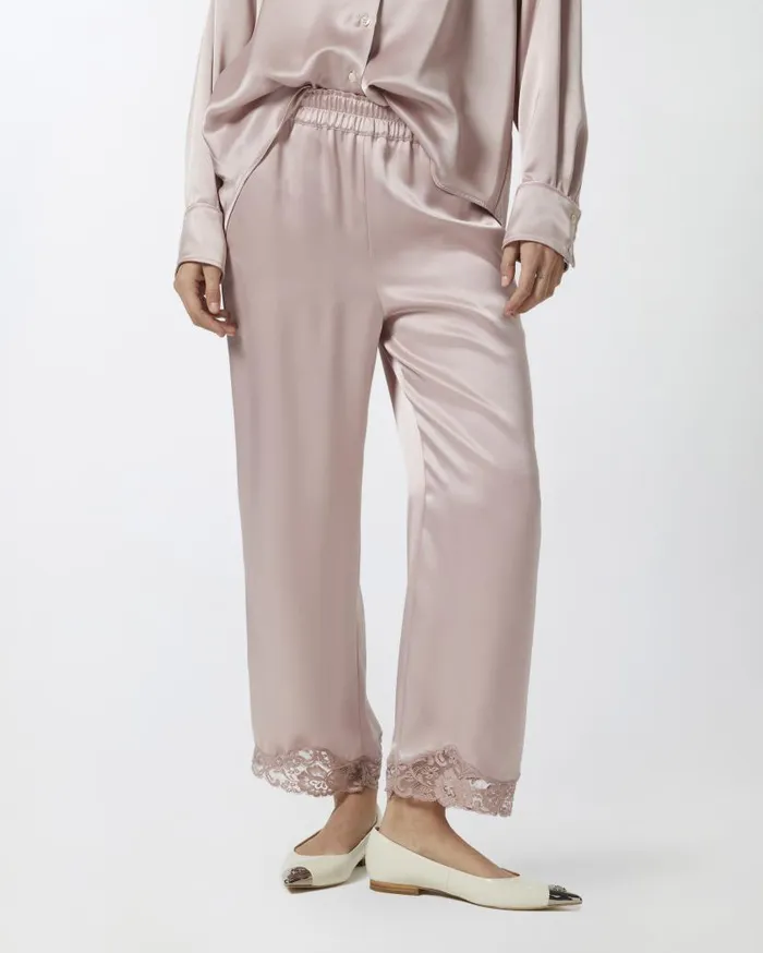 Pinko Satin Palazzo Trousers With Lace At The Bottom Zephyr Pink Women Trousers