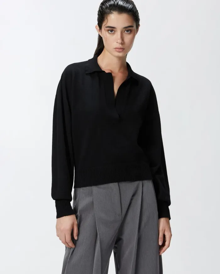 Pinko Short Cashmereblend Sweater With Collar Limo Black Women Knitwear
