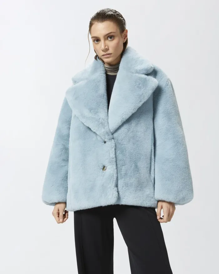 Pinko Short Faux Fur Pea Coat Midnight Blue Women Outerwear