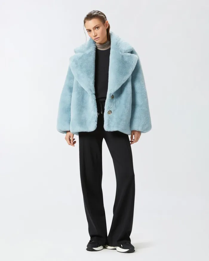 Pinko Short Faux Fur Pea Coat Midnight Blue Women Outerwear
