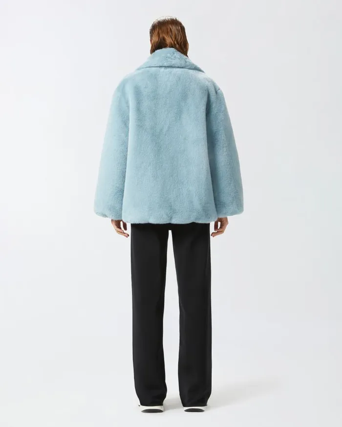 Pinko Short Faux Fur Pea Coat Midnight Blue Women Outerwear