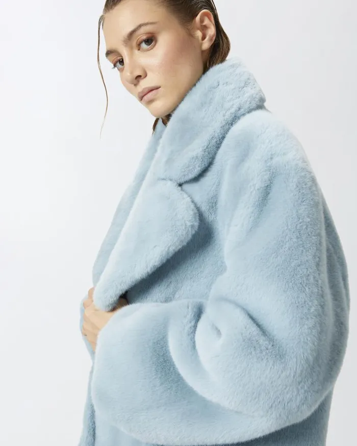 Pinko Short Faux Fur Pea Coat Midnight Blue Women Outerwear
