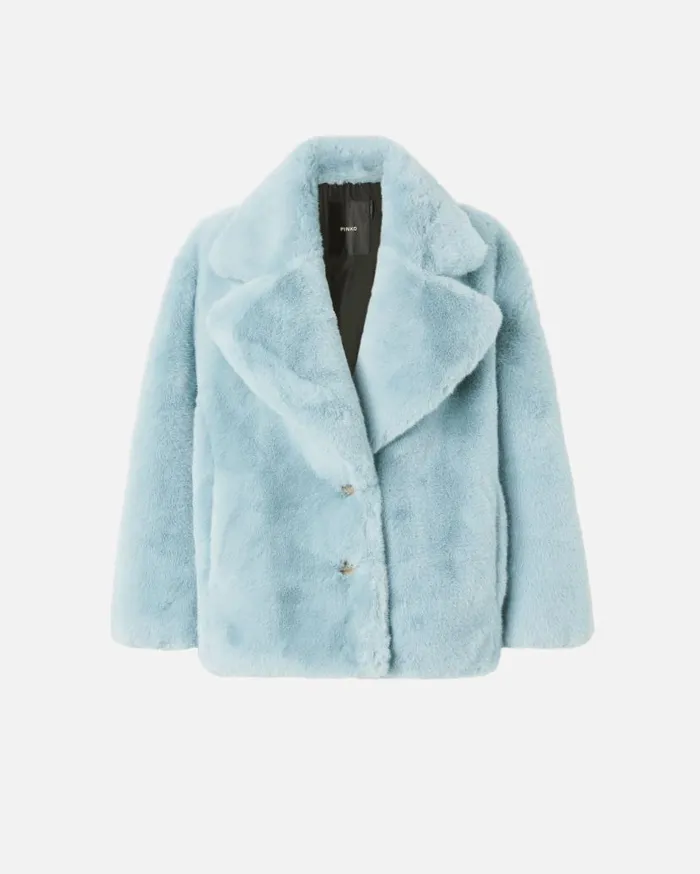 Pinko Short Faux Fur Pea Coat Midnight Blue Women Outerwear