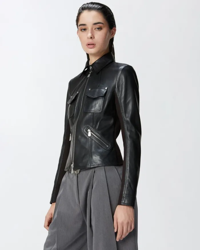 Pinko Short Leather And Technical Fabric Biker Jacket Limo Black Women Outerwear