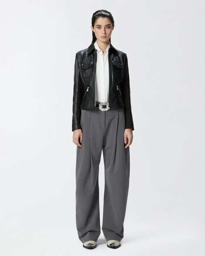 Pinko Short Leather And Technical Fabric Biker Jacket Limo Black Women Outerwear