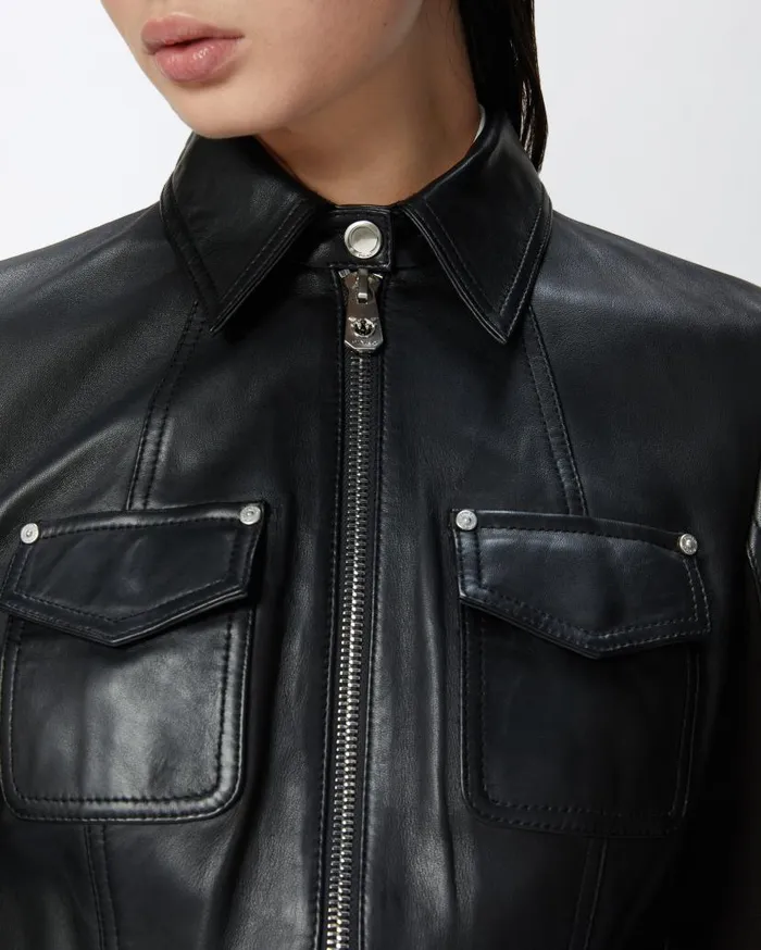 Pinko Short Leather And Technical Fabric Biker Jacket Limo Black Women Outerwear