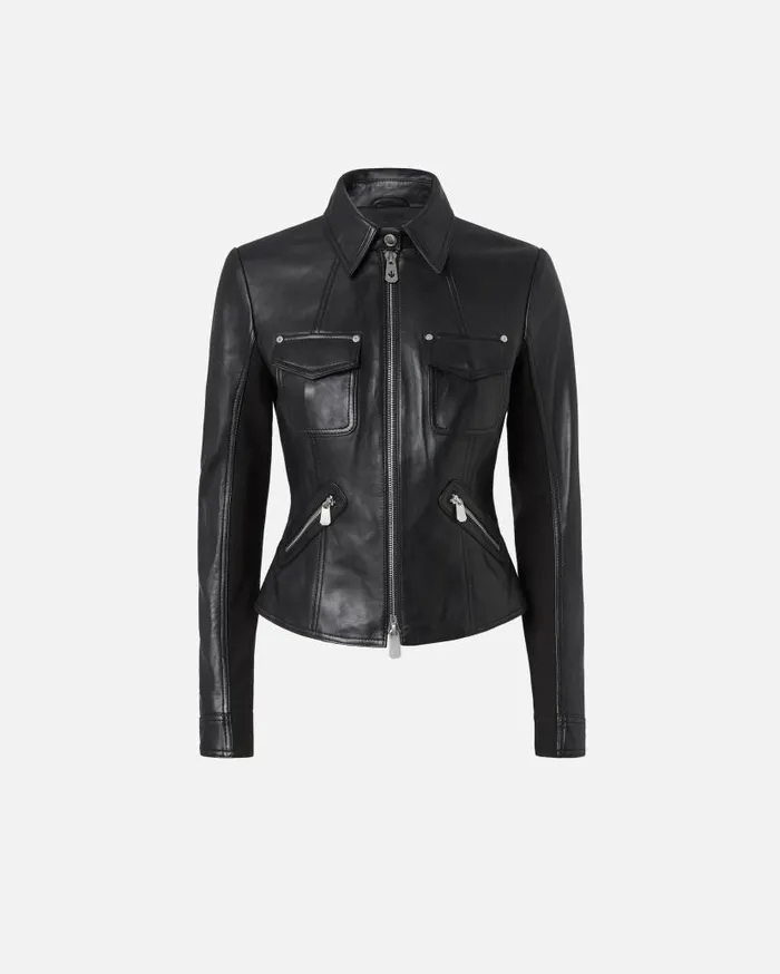 Pinko Short Leather And Technical Fabric Biker Jacket Limo Black Women Outerwear