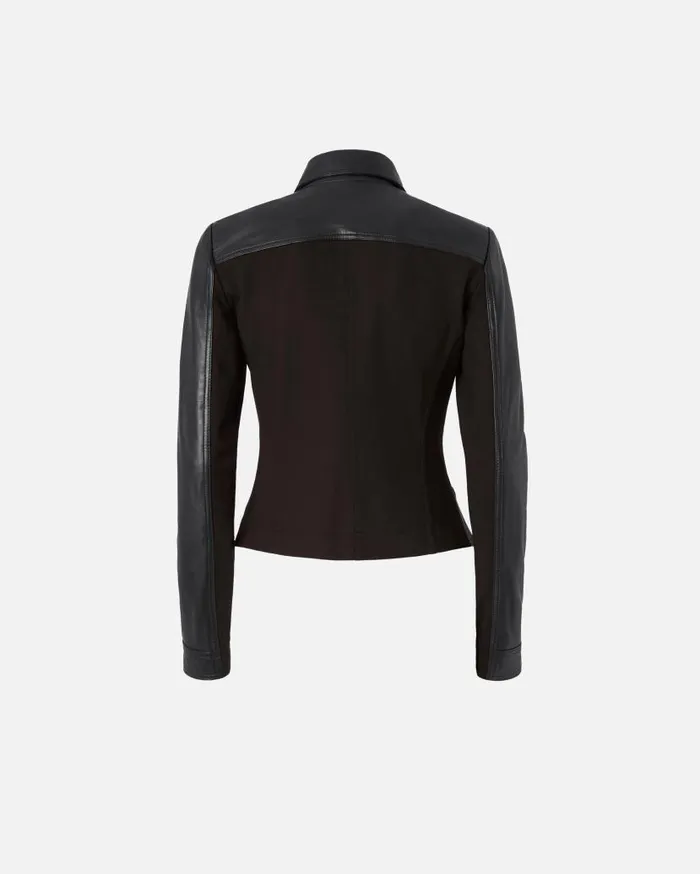 Pinko Short Leather And Technical Fabric Biker Jacket Limo Black Women Outerwear