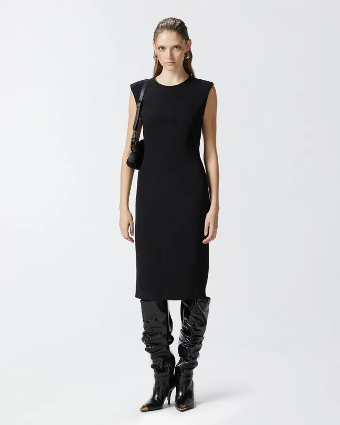 Pinko Sleeveless Longuette Dress In Technical Cady Limo Black Women Dresses