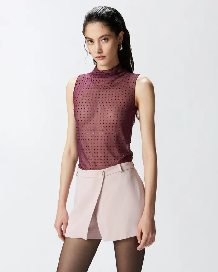 Pinko Sleeveless Tulle Top With Rhinestones Grape Wine Women Topwear