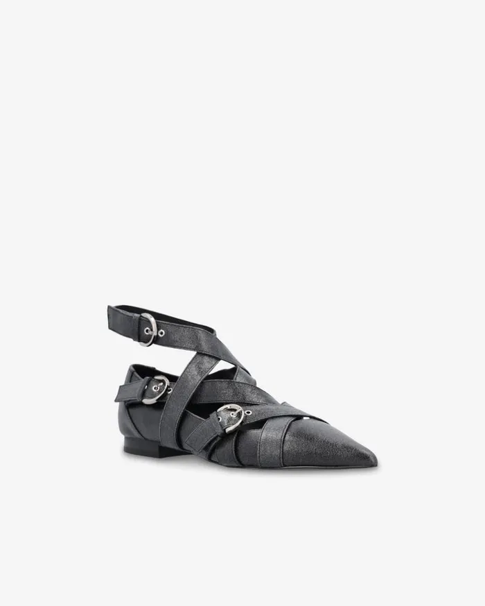 Pinko Slingback Leather Ballerinas With Crisscrossing Straps Limo Black Women Flats