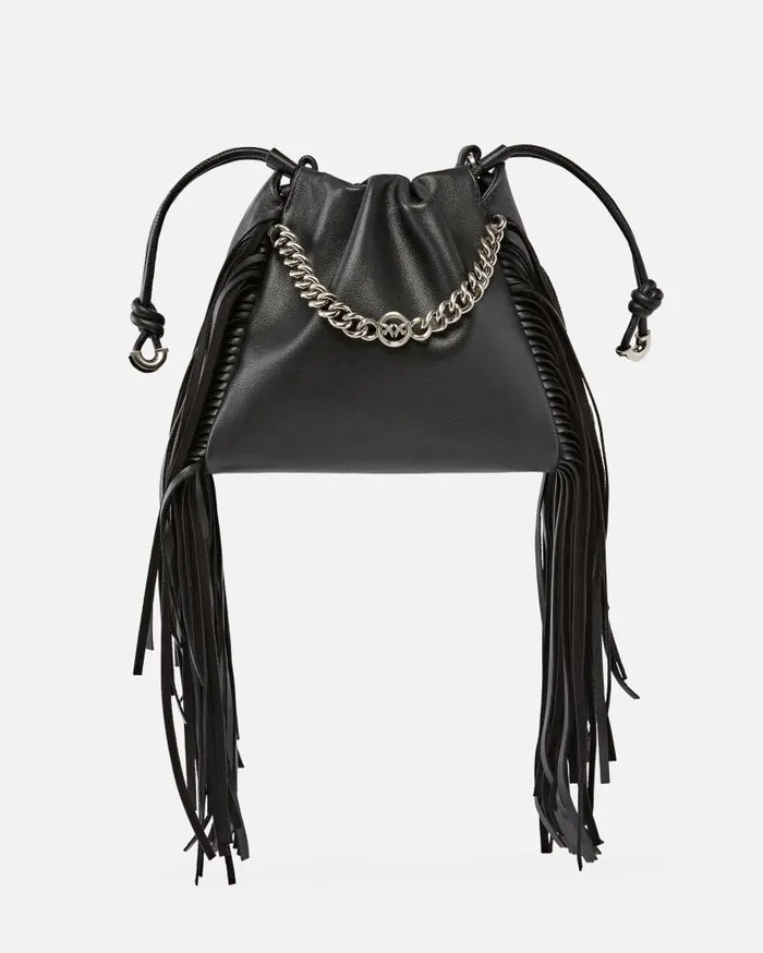Pinko Soft Leather Bag With Fringes Limo Blackbrushed Silver Women Crossbody Bags