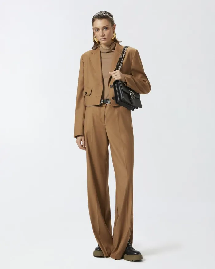 Pinko Stretch Wool Flannel Palazzo Trousers Walnut Brown Women Trousers