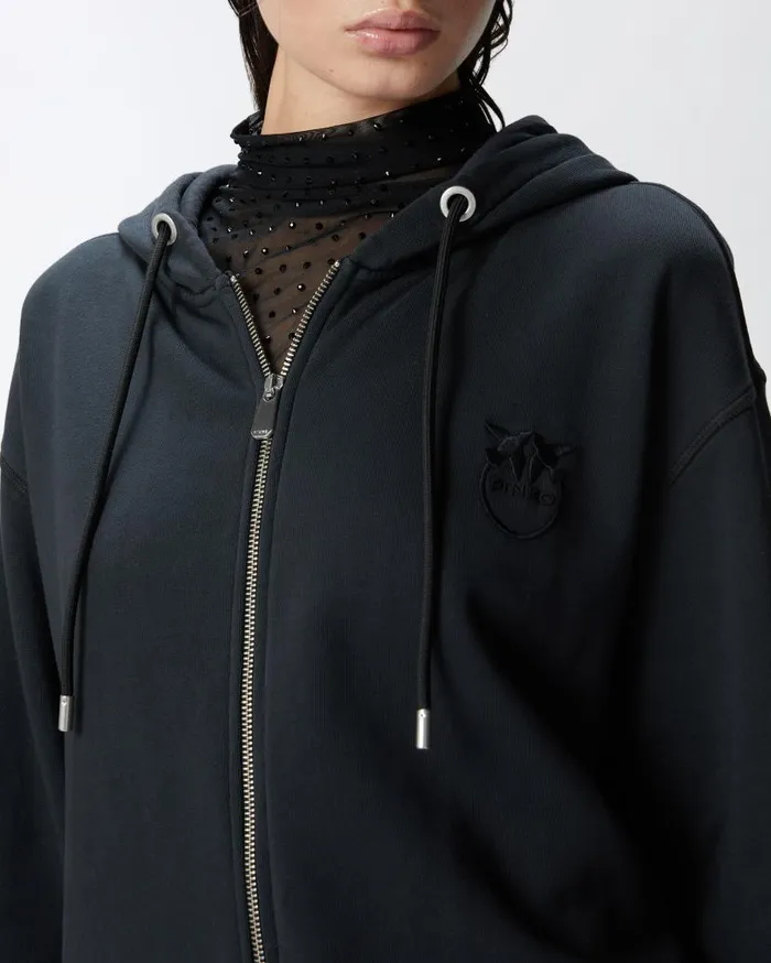 Pinko Sweatshirt With Zip And Embroidered Logo Hood Caviar Black Women Sweatshirts