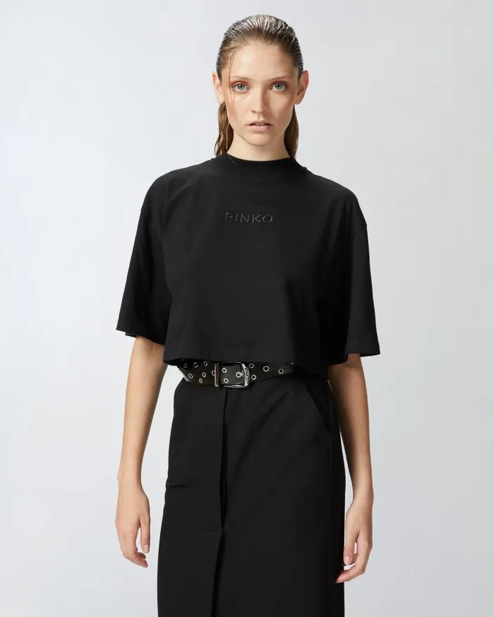 Pinko Tshirt Cropped Con Logo Ricamato Limo Black Women Topwear