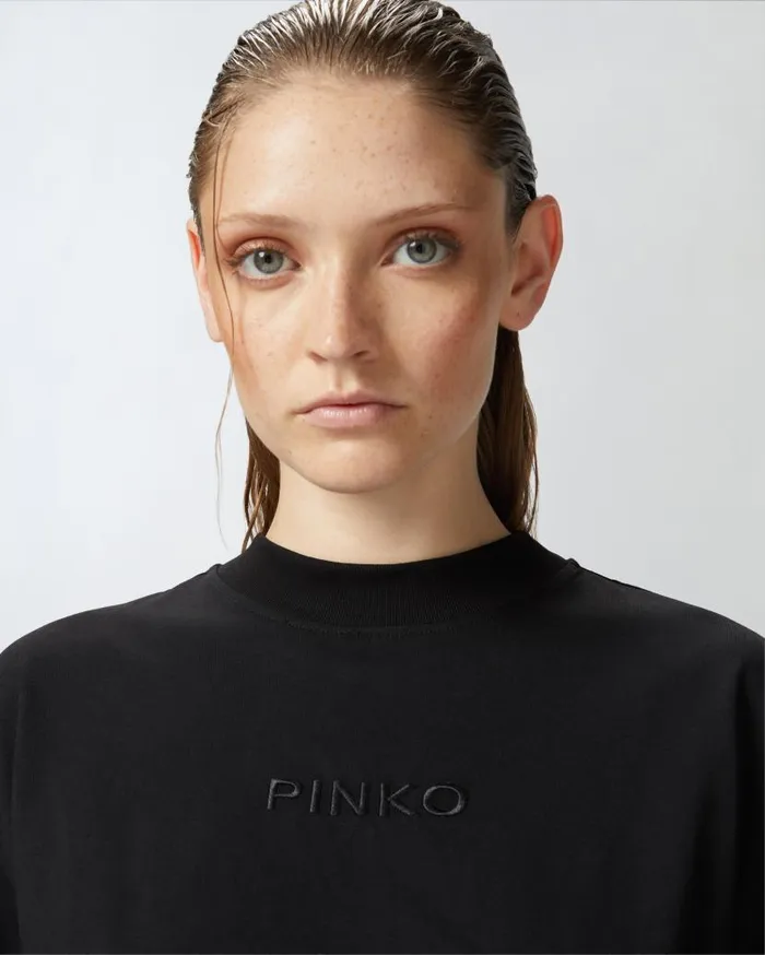Pinko Tshirt Cropped Con Logo Ricamato Limo Black Women Topwear