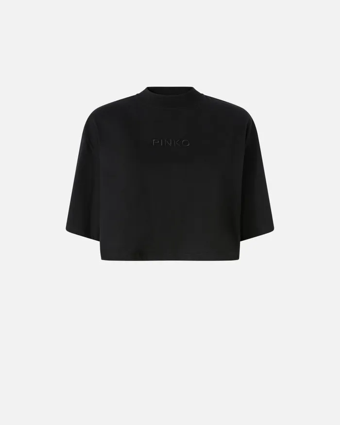 Pinko Tshirt Cropped Con Logo Ricamato Limo Black Women Topwear