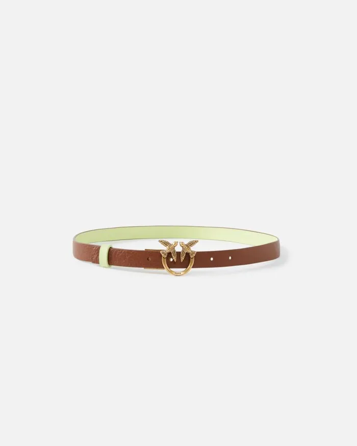 Pinko Thin Doubleface Leather Belt With Buckle 2cm Browngreenantiquegold Women Belts