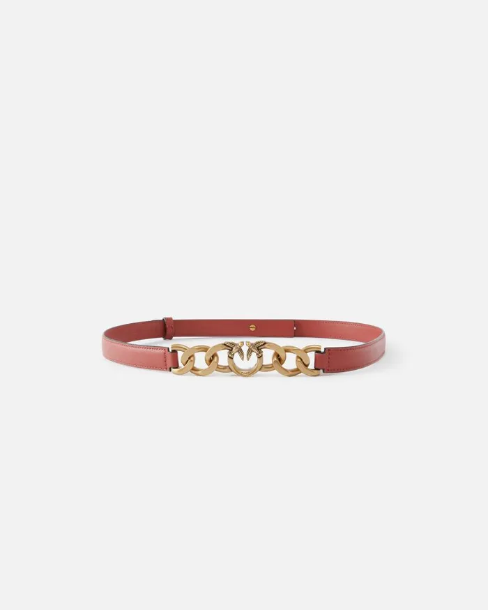 Pinko Thin Leather 2 Cm Belt With Chain Redblackantiquegold Women Belts