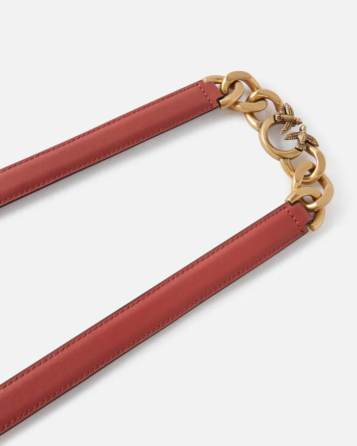 Pinko Thin Leather 2 Cm Belt With Chain Redblackantiquegold Women Belts