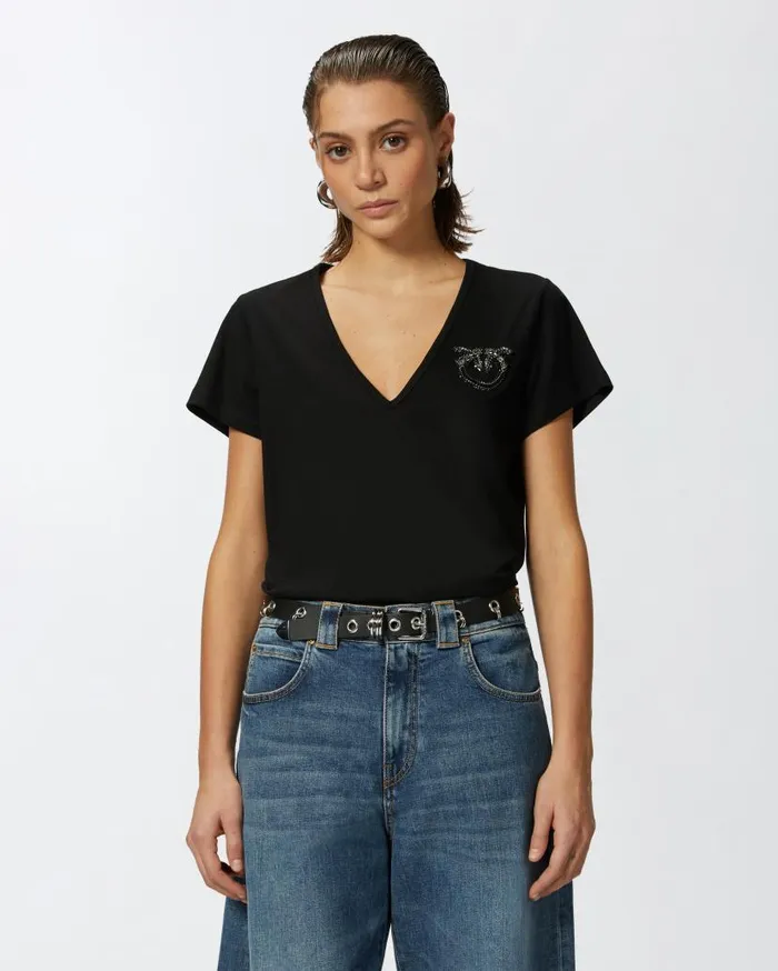 Pinko Vneck Tshirt With Jewel Embroidery Limo Black Women Topwear