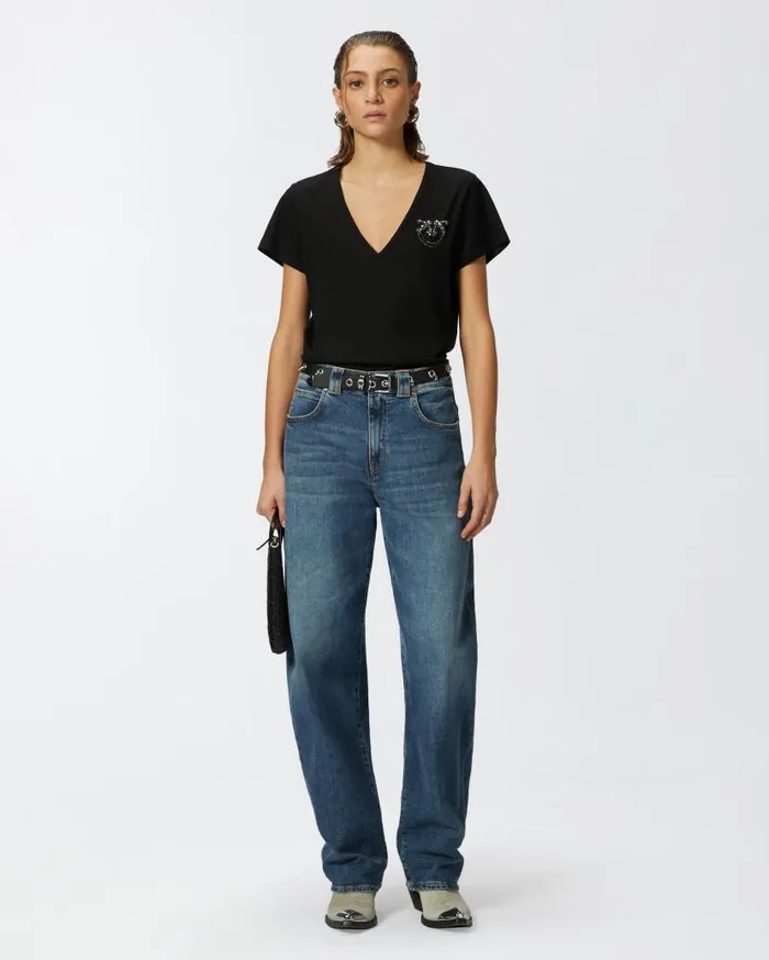Pinko Vneck Tshirt With Jewel Embroidery Limo Black Women Topwear