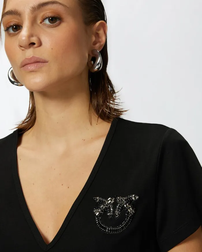 Pinko Vneck Tshirt With Jewel Embroidery Limo Black Women Topwear